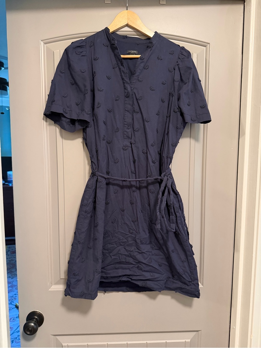 Ann Taylor Navy Embroidered Tie-Waist Mini Dress 100% Cotton Natural Fiber